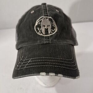 Gray Spartan Embroidered Strapback Trucker Hat One Size Distressed Mesh Back